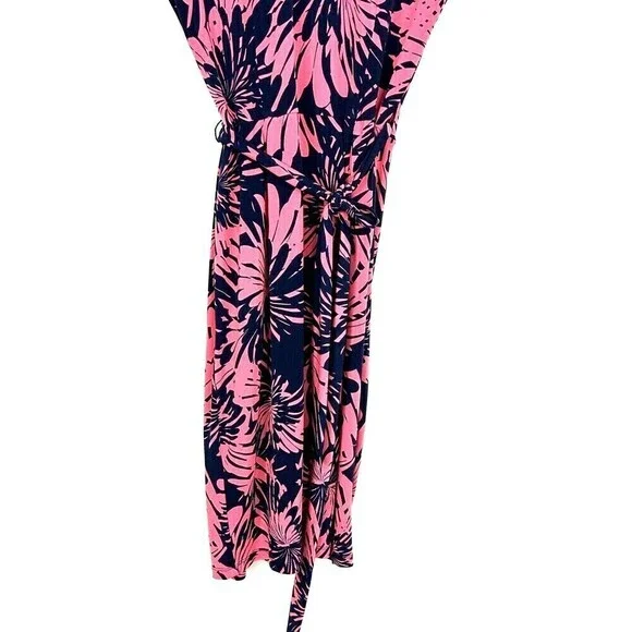 Maggy London Womens Sz 8 Pink And Blue Tropical Floral Cap Sleeve Wrap Dress N4 - Picture 9 of 12